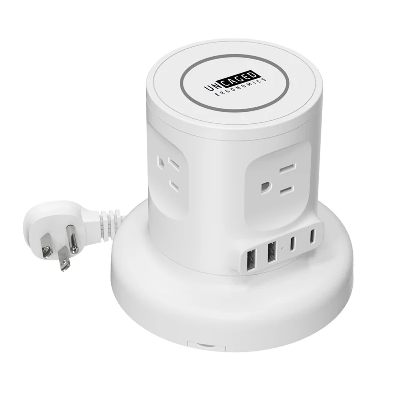 Uncaged Ergonomics Wireless Retractable Power Strip with Auto Cord Management & Wireless Charger - White