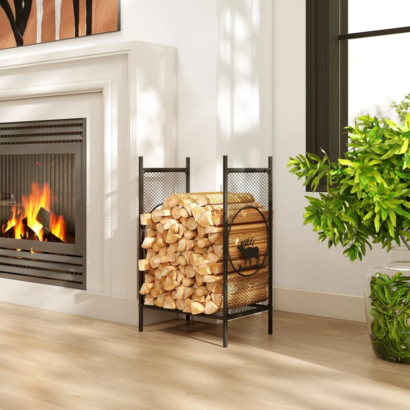 Outsunny Firewood Rack Outdoor - 19" Heavy Duty Metal Fireplace Log Holder