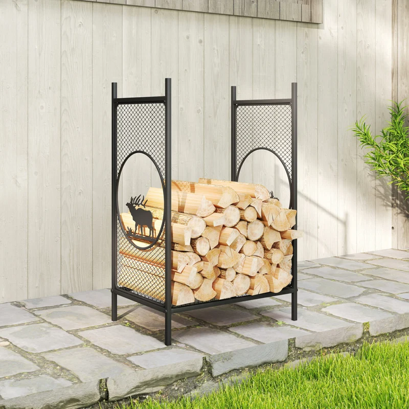 Outsunny Firewood Rack Outdoor - 19" Heavy Duty Metal Fireplace Log Holder