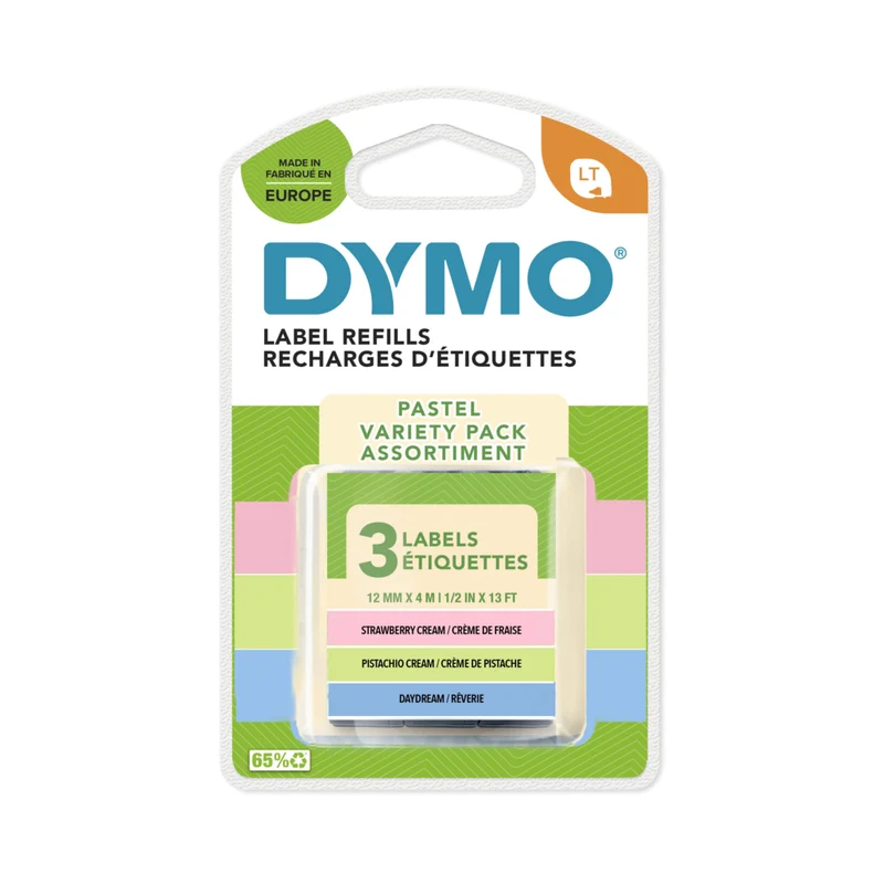 DYMO LetraTag Pastel Label Tape Starter Pack - 12mm x 4m - Pastel Green, Blue & Strawberry Cream - 3 Pack