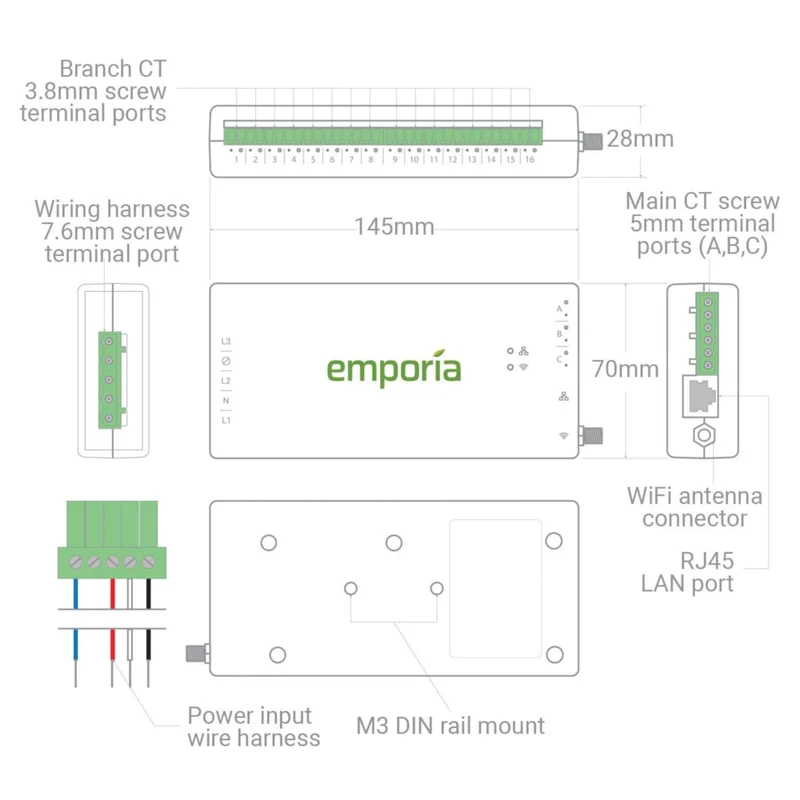 Emporia Vue 3 Smart 3-Phase Home Energy Monitor with 8 50A Circuit Level Sensors
