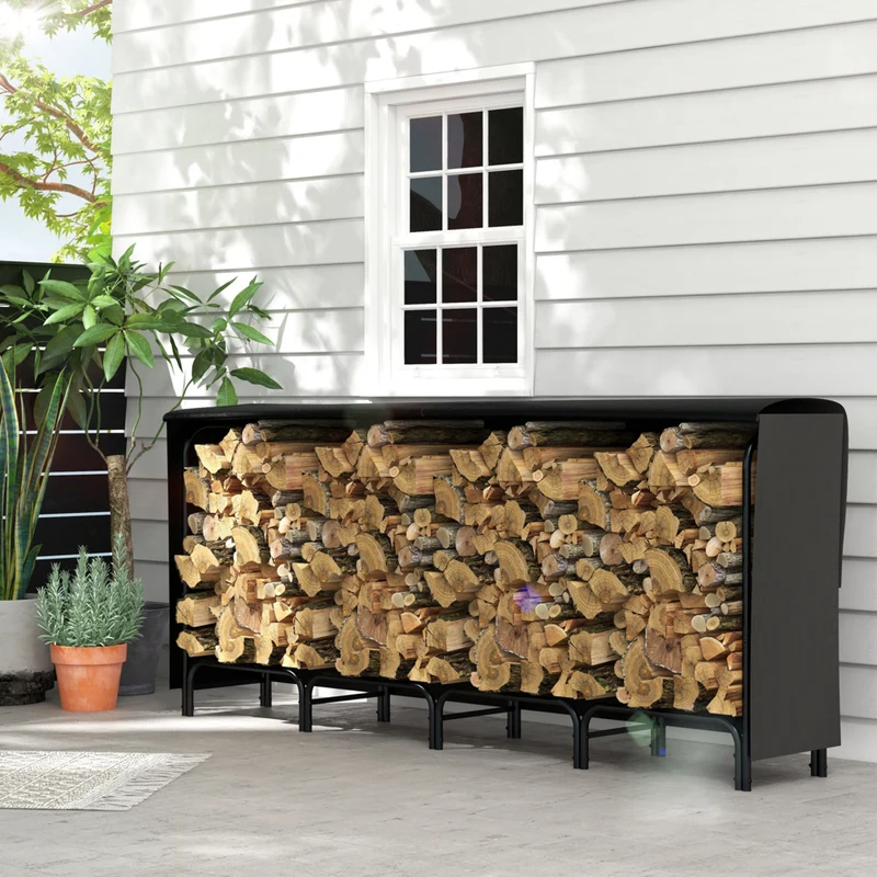 Outsunny - Porte-bûches 8 pi avec housse- support de rangement pour bois- noir