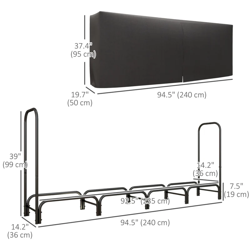 Outsunny - Porte-bûches 8 pi avec housse- support de rangement pour bois- noir