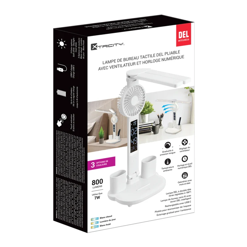 Xtricity - Lampe de bureau tactile LED pliable avec ventilateur et horloge numérique - Blanc