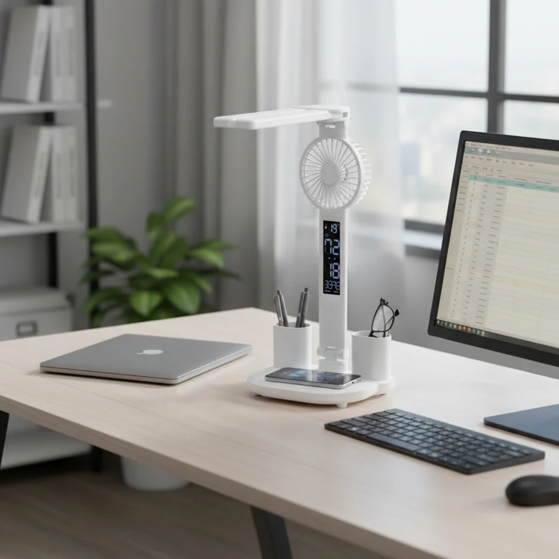 Xtricity - Lampe de bureau tactile LED pliable avec ventilateur et horloge numérique - Blanc