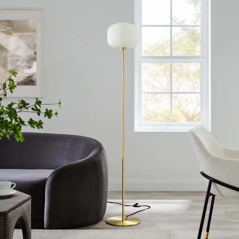 Modway Reprise Glass Sphere Glass and Metal Floor Lamp - White Satin Brass