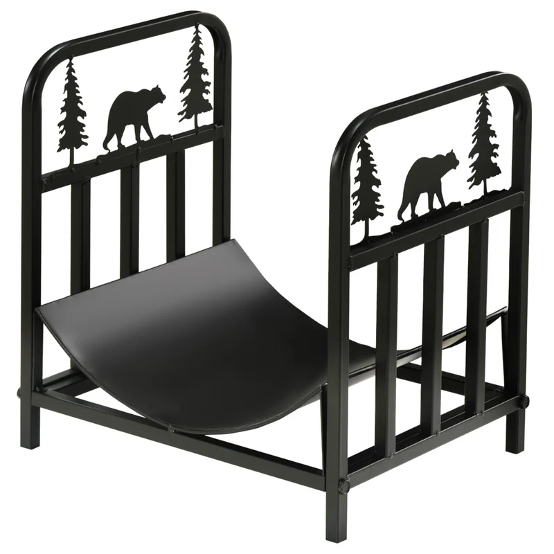 Outsunny - Porte-bûches avec motif ours et sapin- range-bûches- noir