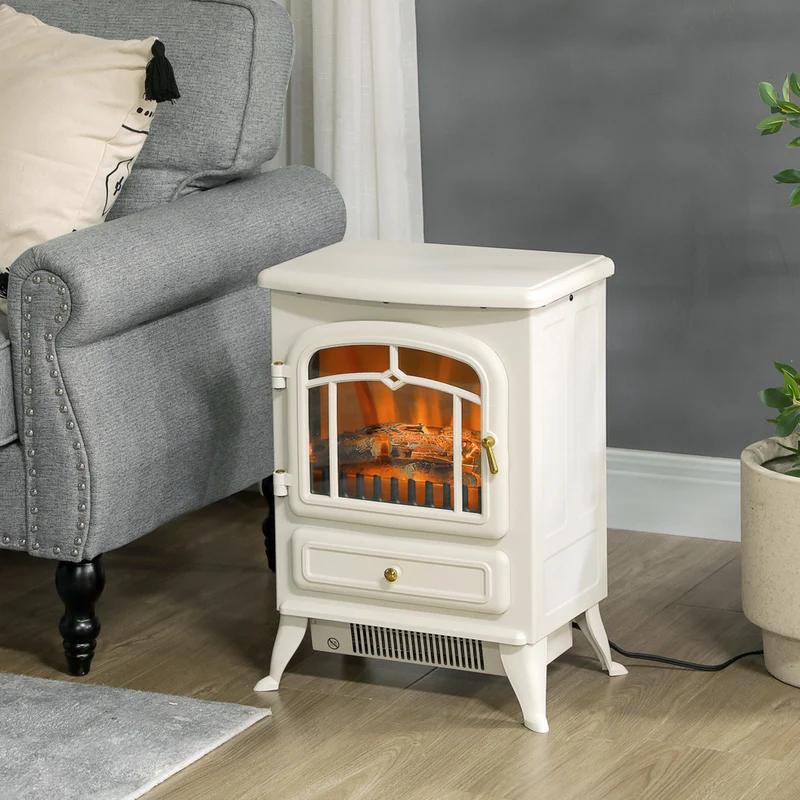HOMCOM - Cheminée électrique autoportante avec flamme de bois - 16 po - 750/1500 W - beige