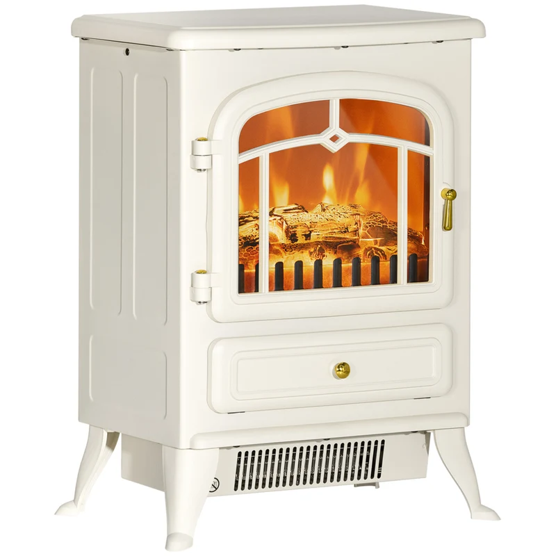 HOMCOM 16" Freestanding Electric Fireplace with Wood Burning Flame - 750/1500 W - Beige
