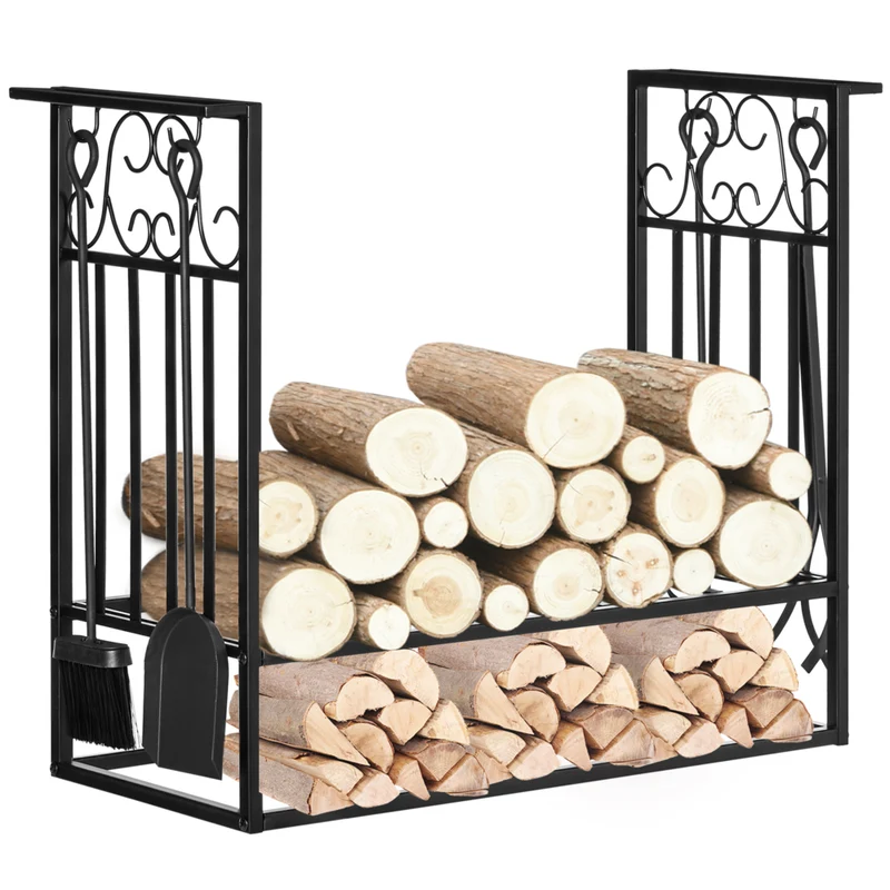 HOMCOM - Porte-bûches robuste design vintage- étagère de rangement pour bois avec 4 outils- noir