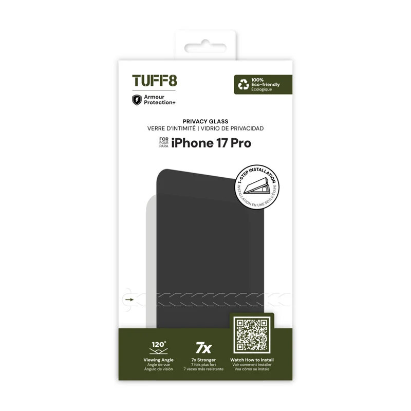 TUFF8 - Protection d'écran en verre de confidentialité avec installation automatique pour iPhone 17 Pro
