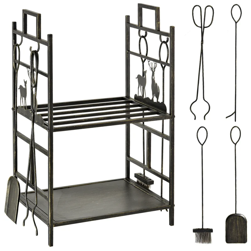 Outsunny - Porte-bûches 2 niveaux robuste avec 4 outils- noir et or