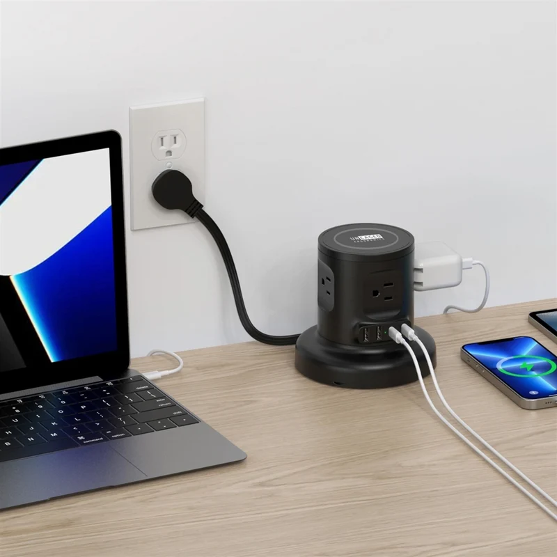 Uncaged Ergonomics - Multiprise rétractable sans fil avec gestion automatique des câbles et chargeur sans fil - Noir