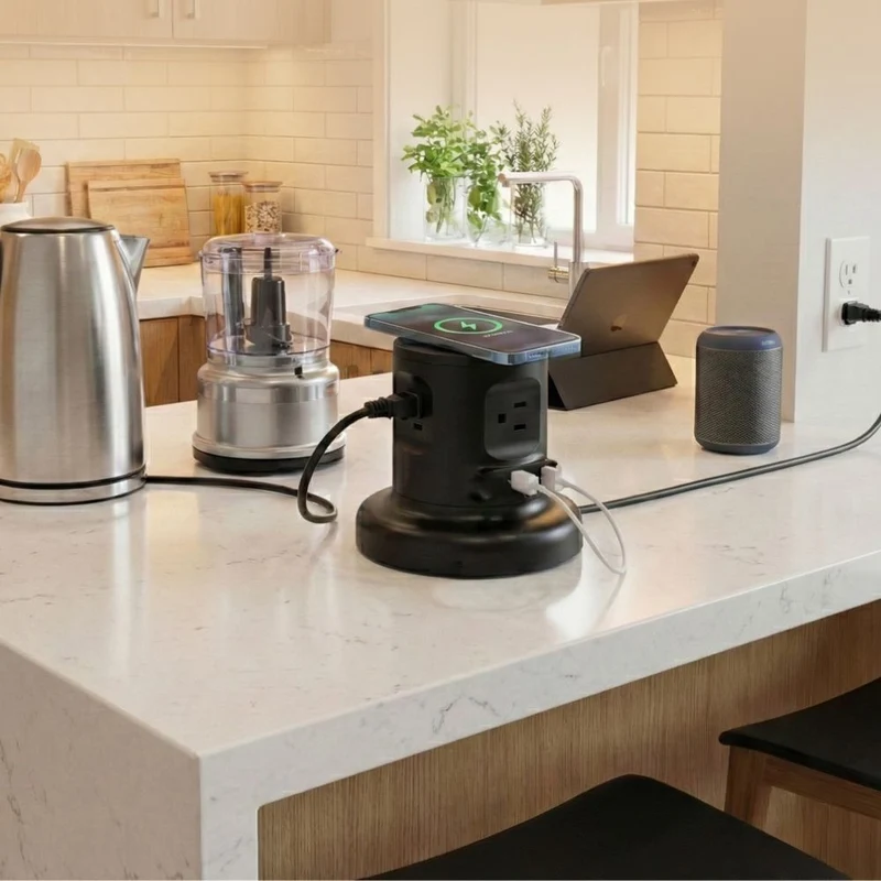 Uncaged Ergonomics - Multiprise rétractable sans fil avec gestion automatique des câbles et chargeur sans fil - Noir