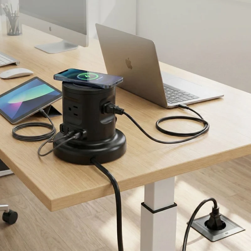 Uncaged Ergonomics - Multiprise rétractable sans fil avec gestion automatique des câbles et chargeur sans fil - Noir