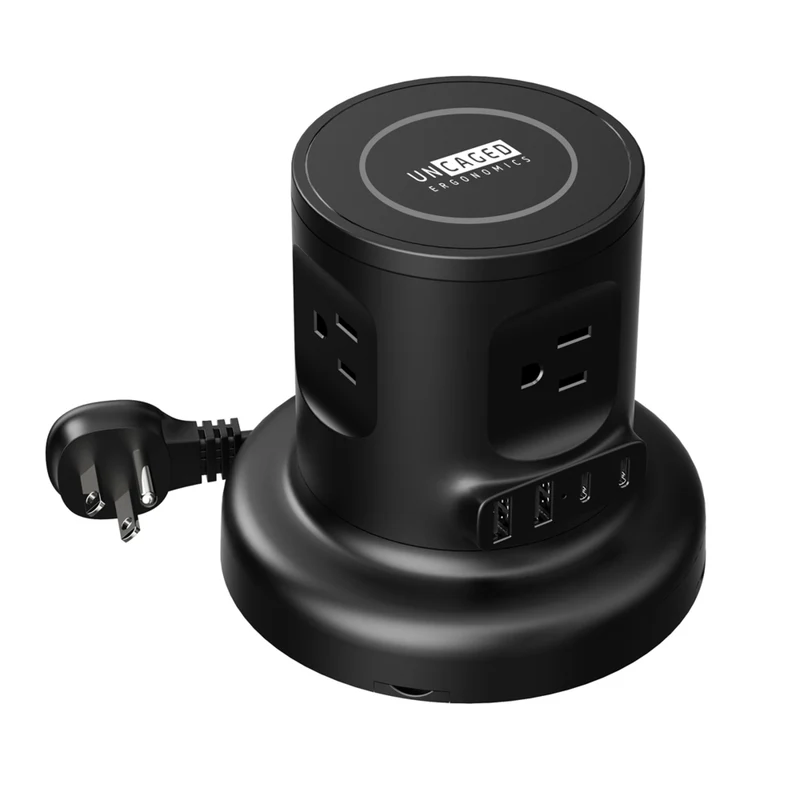 Uncaged Ergonomics Wireless Retractable Power Strip with Auto Cord Management & Wireless Charger - Black