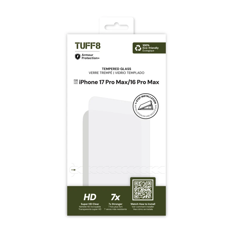 TUFF8 Tempered Glass Screen Protector with Auto Installer for iPhone 17 Pro Max
