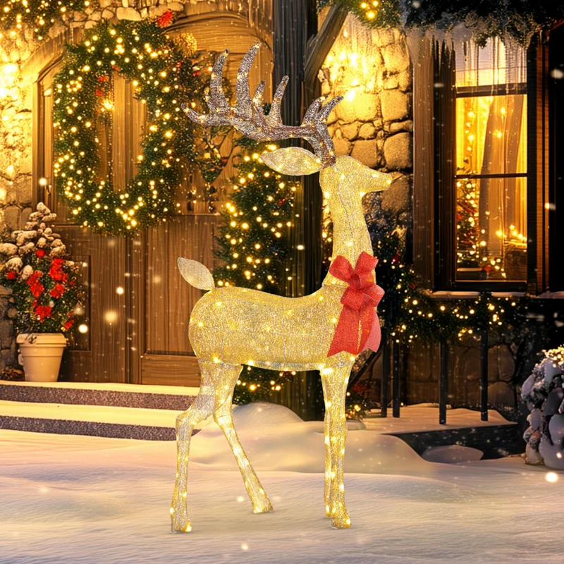 Outsunny Light Up Reindeer Christmas Decoration with 137 LED Lights - Gold