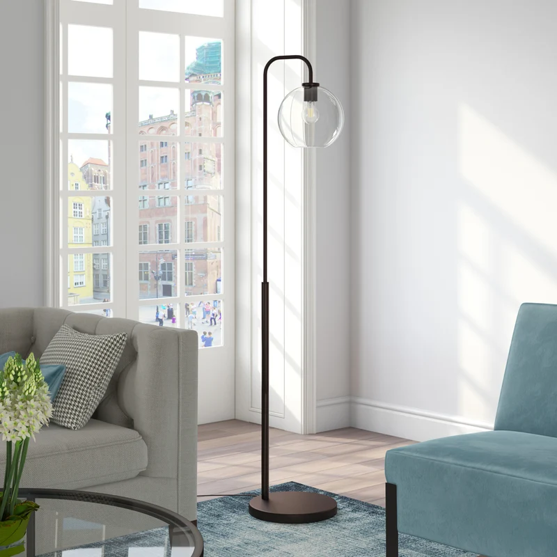 Hudson&Canal - Lampadaire Harrison Arc avec abat-jour en verre - Bronze noirci/transparent