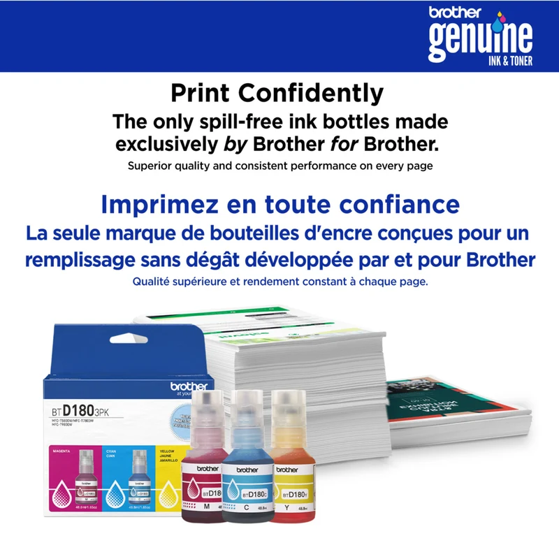 Brother - BTD180 Bouteilles d’encre cyan, magenta, jaune authentiques à haut rendement