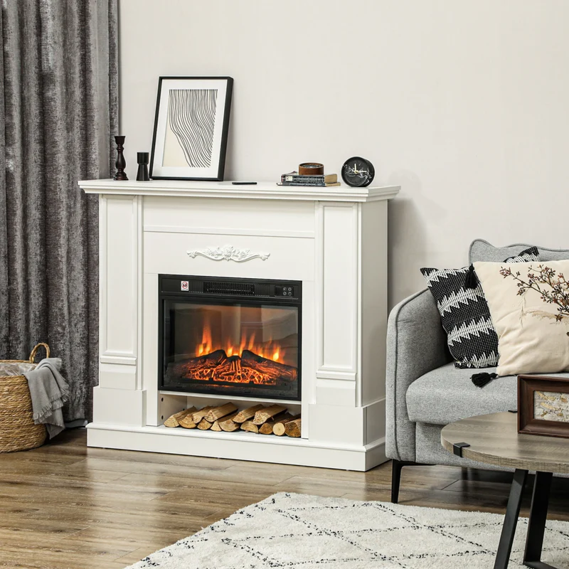 HOMCOM - Foyer électrique 46 po avec manteau, tablette, télécommande et minuterie, blanc