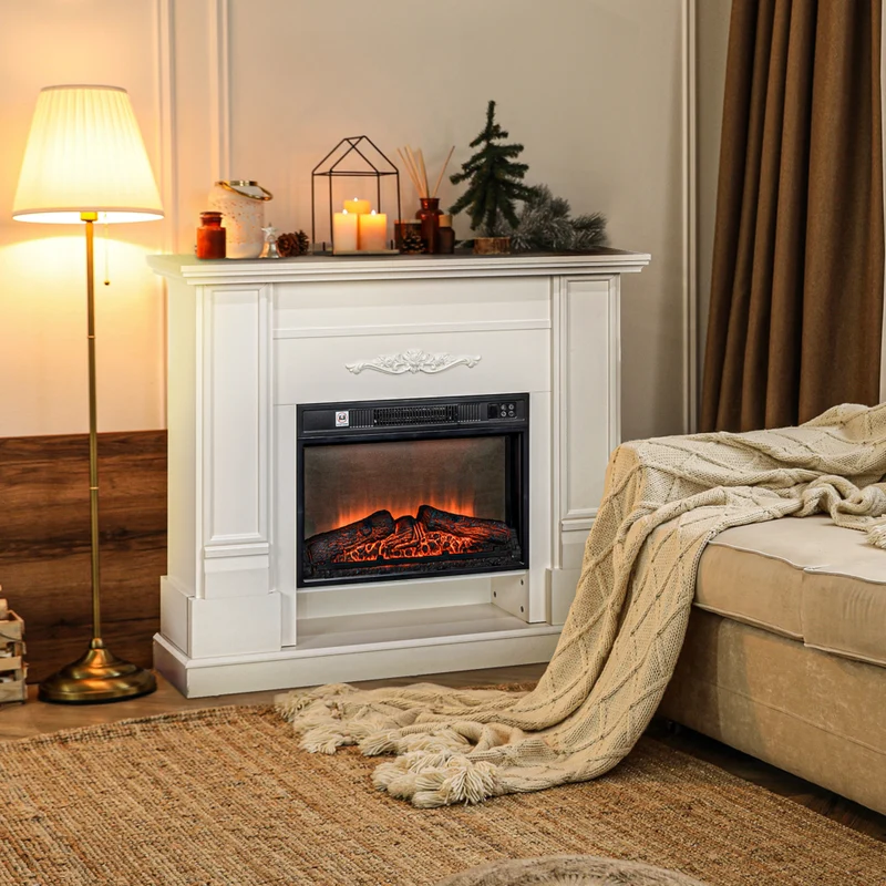 HOMCOM - Foyer électrique 46 po avec manteau, tablette, télécommande et minuterie, blanc