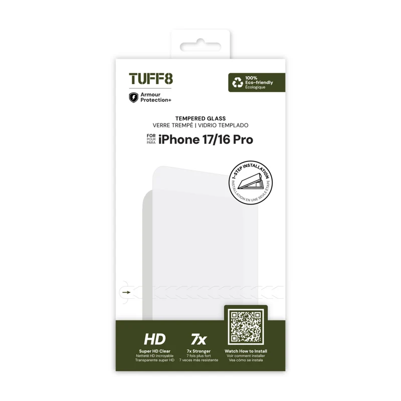 TUFF8 Tempered Glass Screen Protector with Auto Installer for iPhone 17