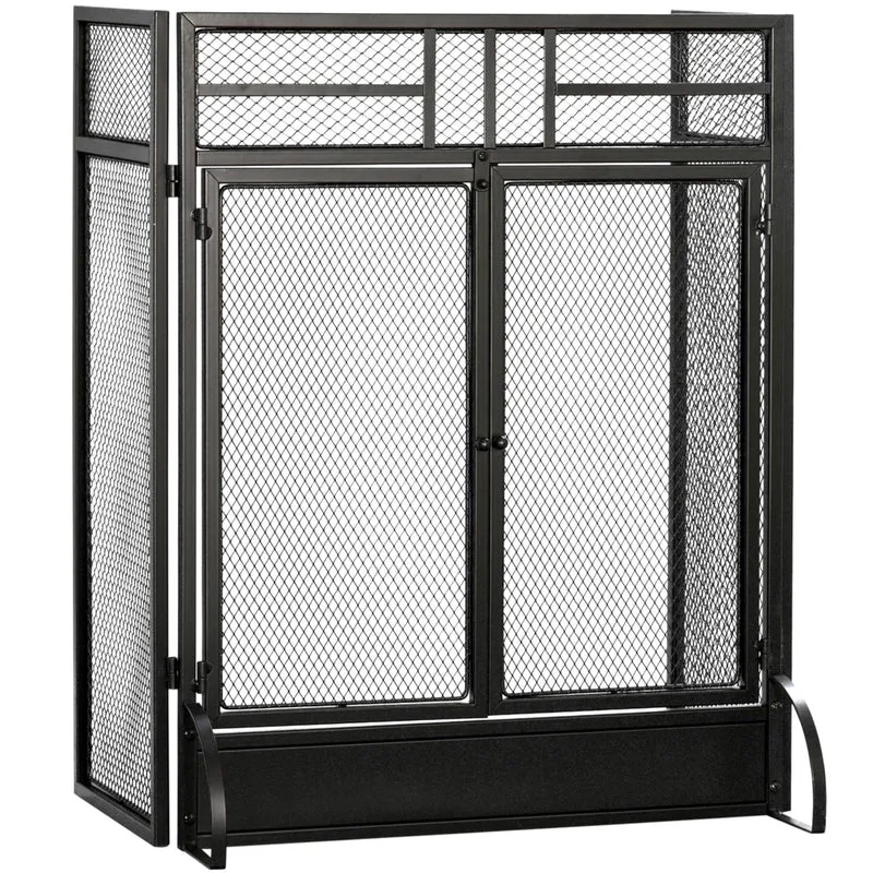 HOMCOM 3-Panel Folding Freestanding Fireplace Screen with Door - Black