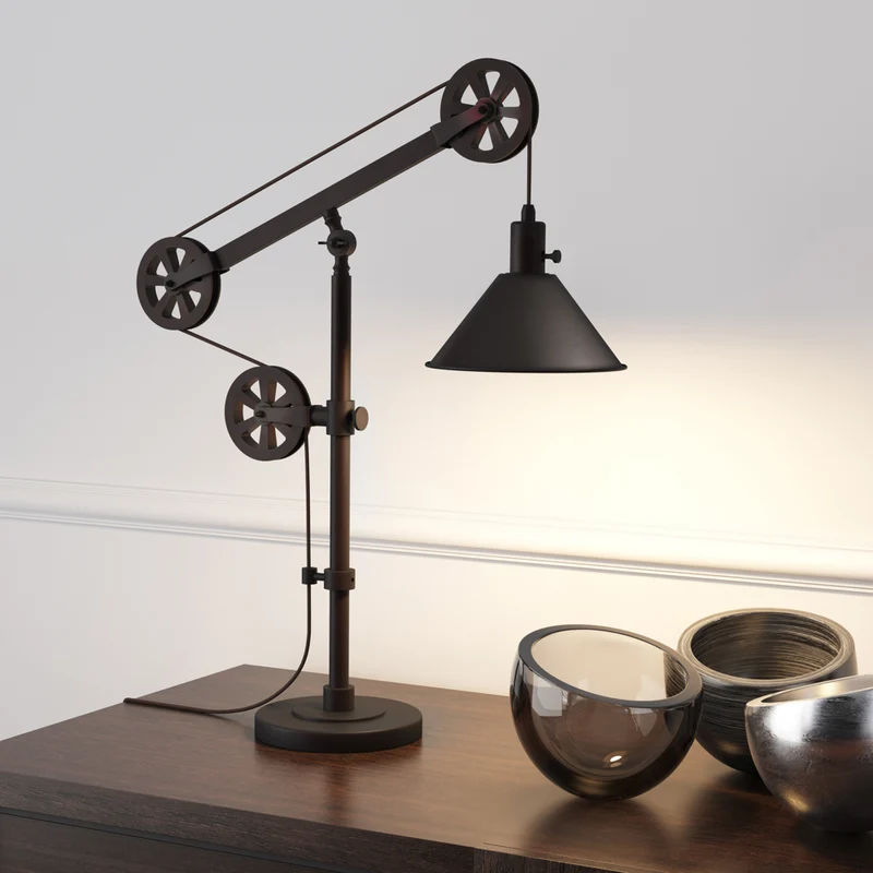 Hudson&Canal - Lampe de table Descartes 74 cm de haut avec système à poulie et abat-jour en métal - Bronze noirci/Bronze noirci