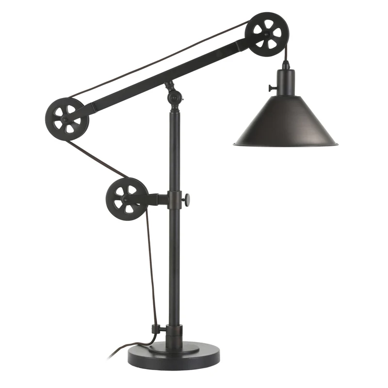 Hudson&Canal - Lampe de table Descartes 74 cm de haut avec système à poulie et abat-jour en métal - Bronze noirci/Bronze noirci
