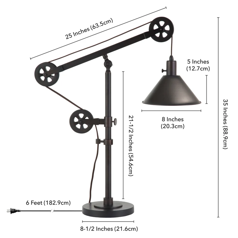 Hudson&Canal - Lampe de table Descartes 74 cm de haut avec système à poulie et abat-jour en métal - Bronze noirci/Bronze noirci
