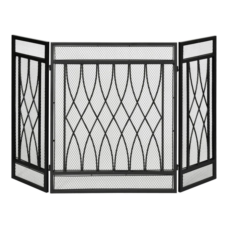 HOMCOM 3-Panel Fireplace Screen with Metal Mesh Fire Spark Guard - Black