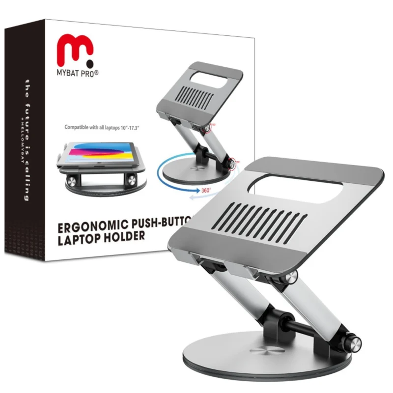 MyBat - Pied d’ordinateur portable ergonomique MyBat Pro à bouton-poussoir - compatible 10–17,3″, en alliage d’aluminium