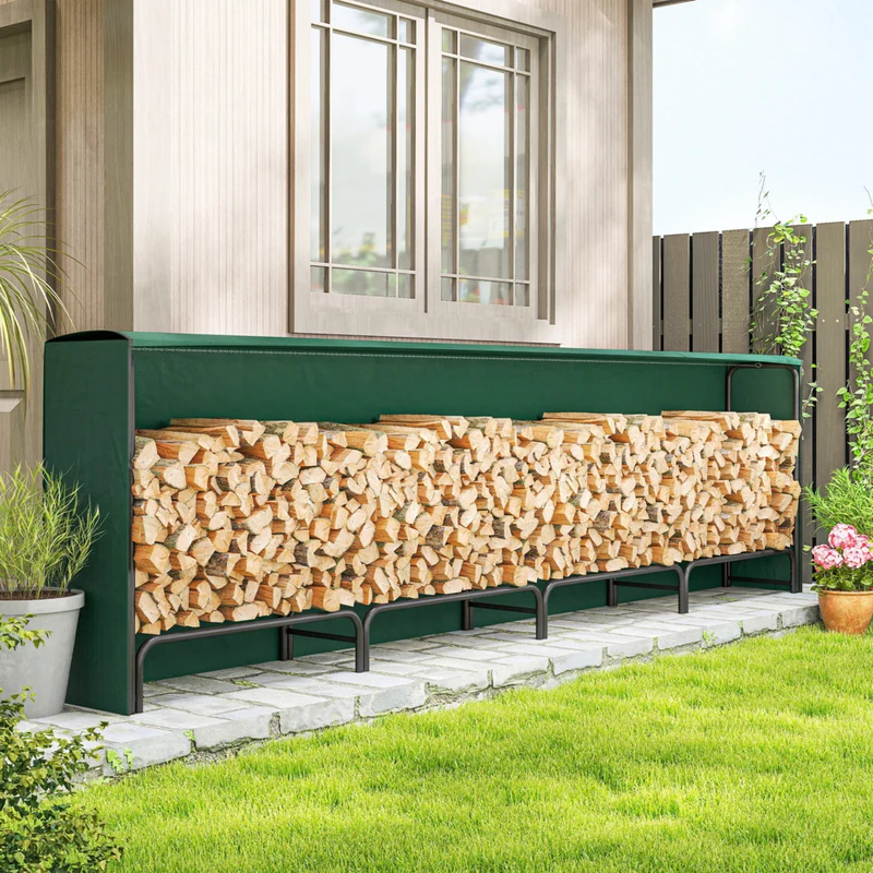 Outsunny Outdoor Firewood Rack with Rain Cover - Steel Chains - Dark Green