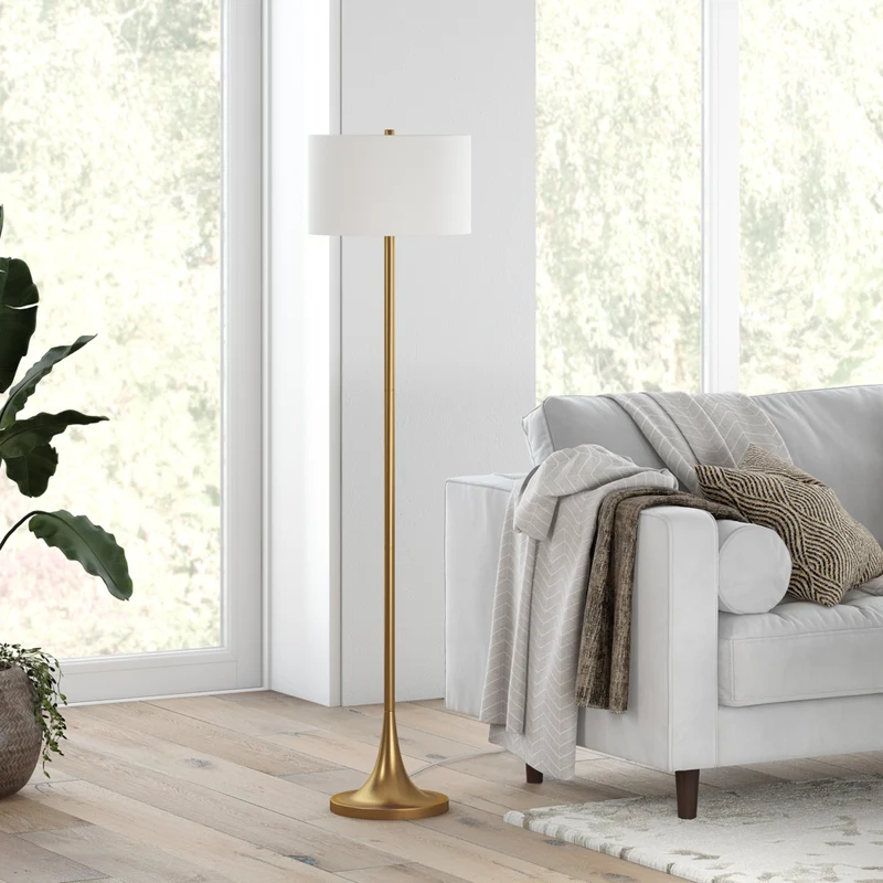 Hudson&Canal - Lampadaire Josephine de 157 cm de haut avec abat-jour en tissu - Laiton/Blanc