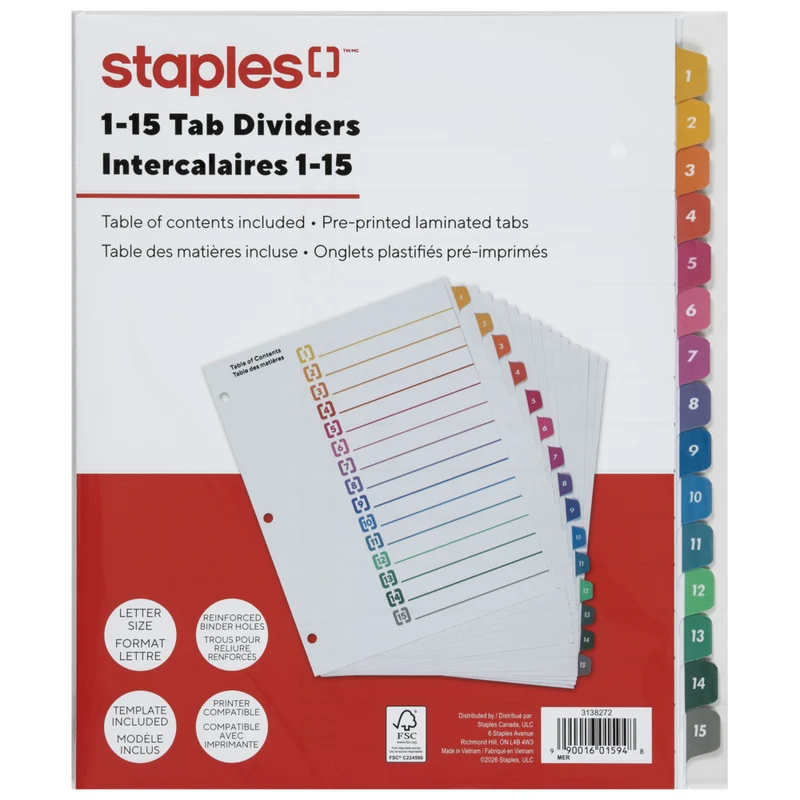 Staples - Intercalaires pré-imprimés - 1-15 - Couleur