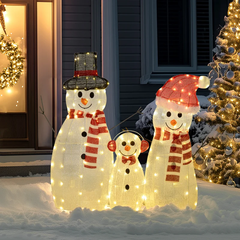 Outsunny - Lot de 3 bonhommes de neige de Noël avec lumières LED - Blanc