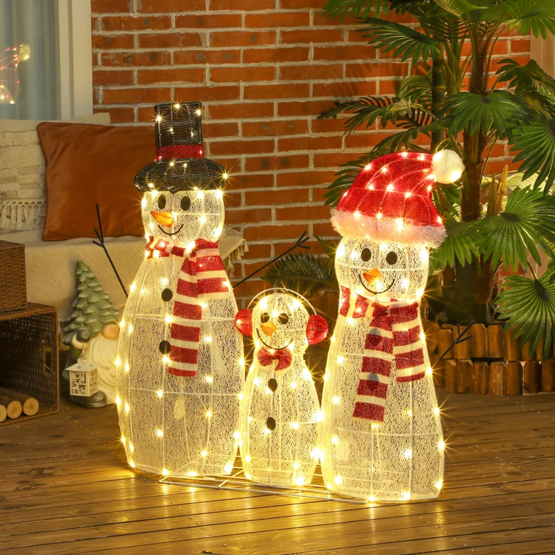 Outsunny - Lot de 3 bonhommes de neige de Noël avec lumières LED - Blanc