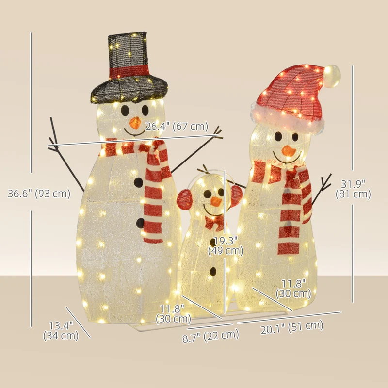 Outsunny - Lot de 3 bonhommes de neige de Noël avec lumières LED - Blanc