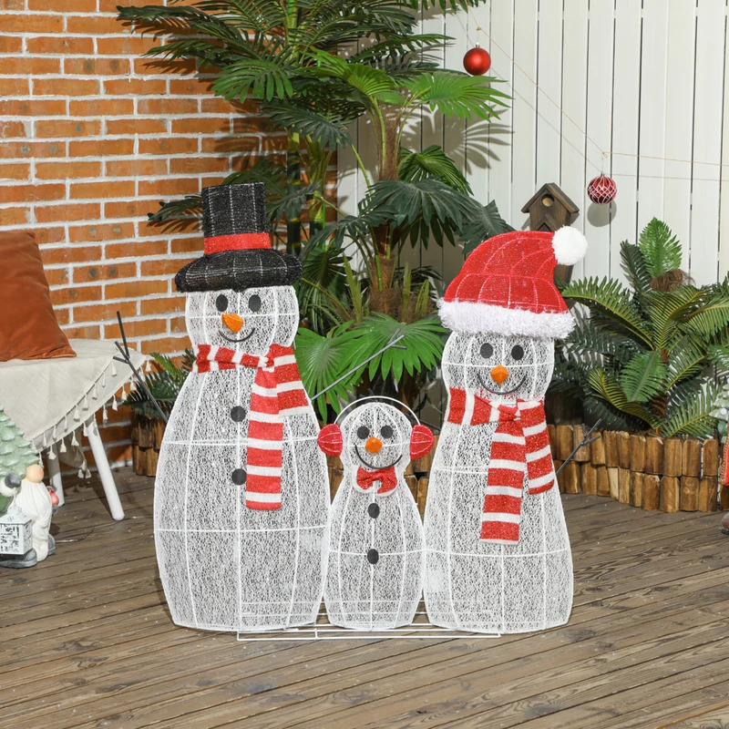 Outsunny - Lot de 3 bonhommes de neige de Noël avec lumières LED - Blanc