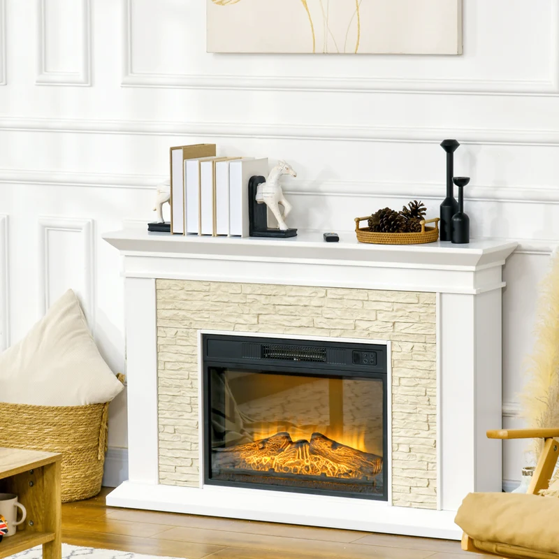 HOMCOM - Foyer électrique 31,5 po avec manteau, télécommande et minuterie 12 h, blanc