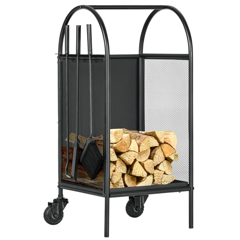 Outsunny 15" Firewood Rack with Wheels - Tools - Wood Storage Rack - Black