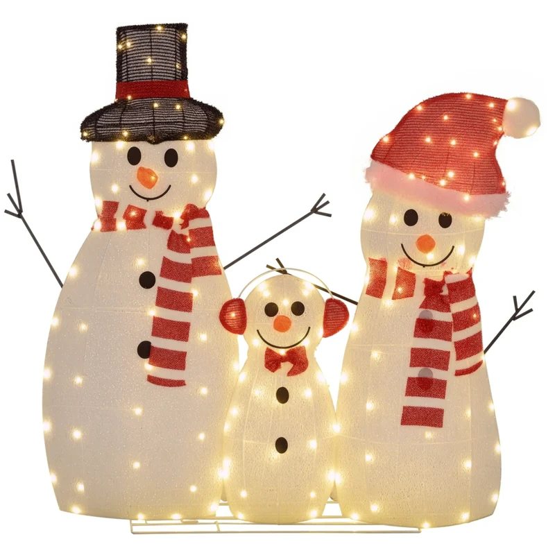 Outsunny Light Up Christmas Snowman Family 3-Piece Set with LED Lights - White