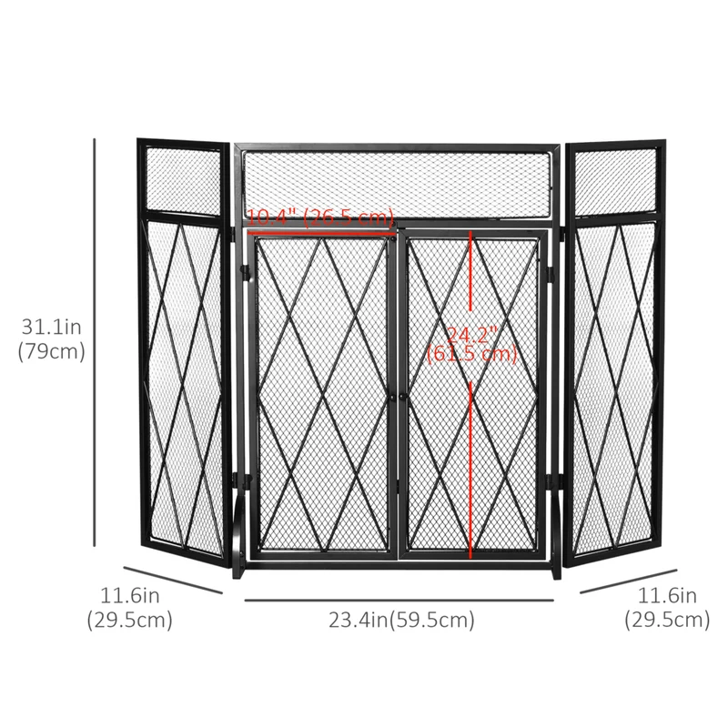 HOMCOM - Pare-étincelles pliant de foyer à 3 panneaux avec porte et écran pare-étincelles, noir