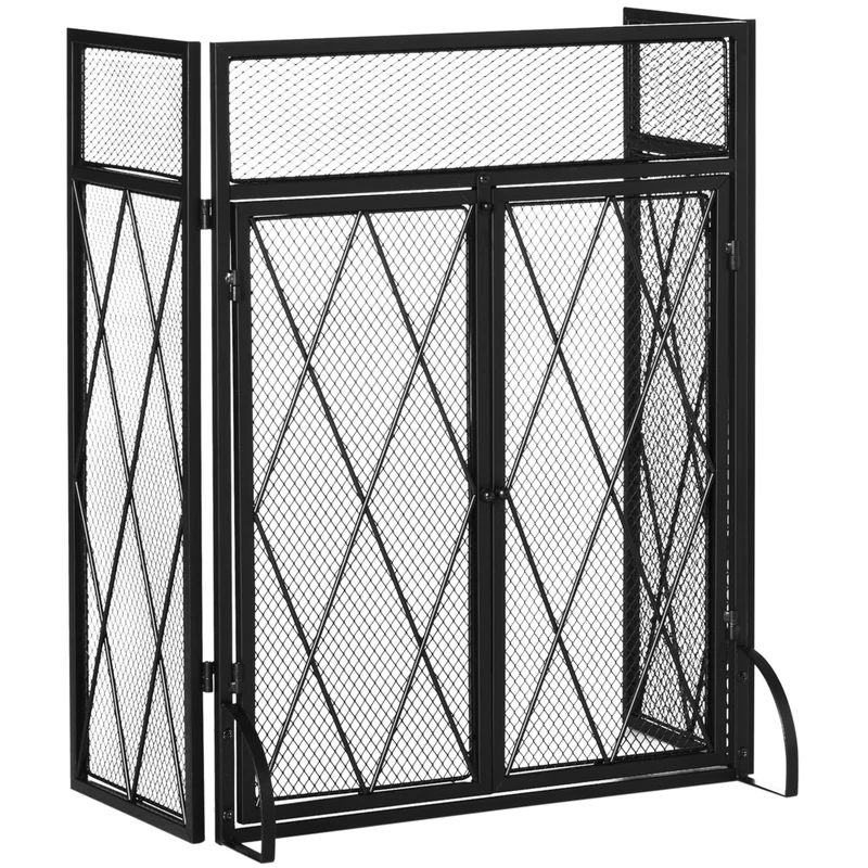 HOMCOM 3-Panel Folding Fireplace Screen with Door Fire Spark Guard - Black