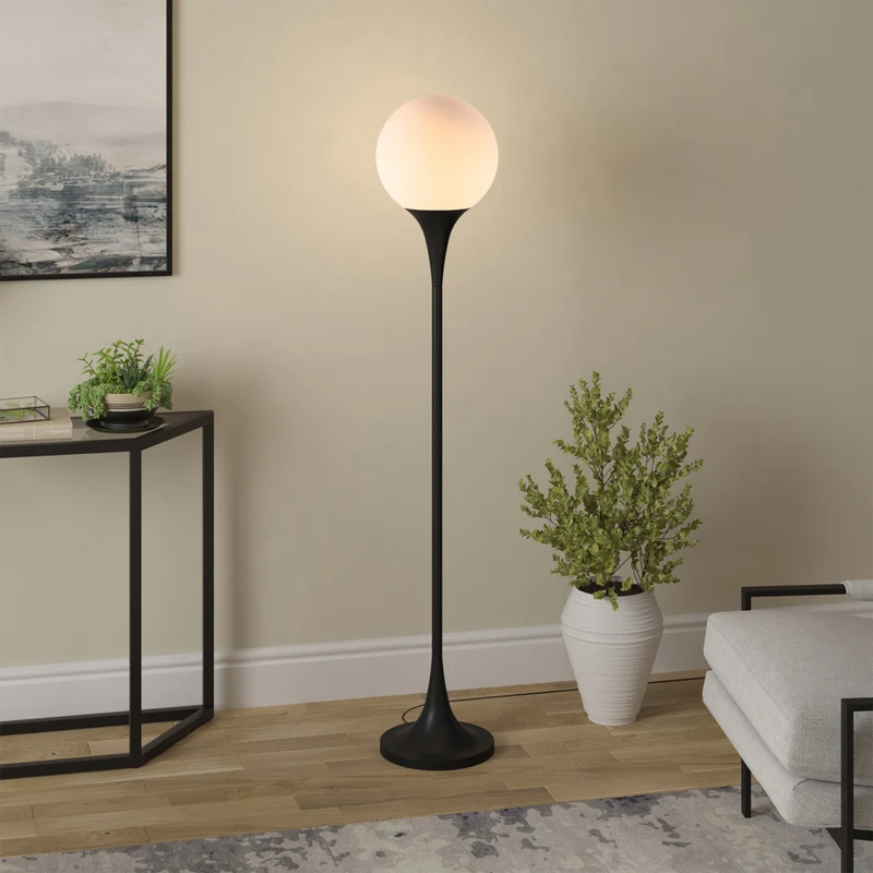 Hudson&Canal - Lampadaire Torchère Mahdi avec abat-jour en verre - Bronze noirci/Blanc lait