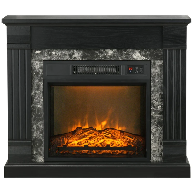 HOMCOM Electric Fireplace Heater with Realistic Flame and Adjustable Temperature - Black