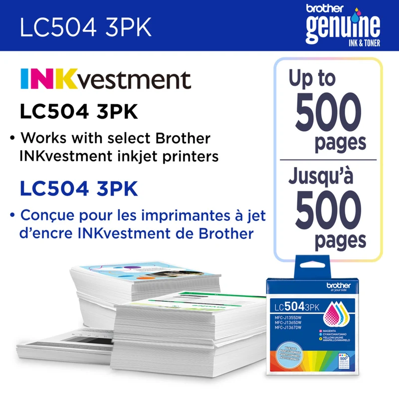 Brother - LC504 Cartouches d’encre cyan, magenta, jaune authentiques à rendement standard