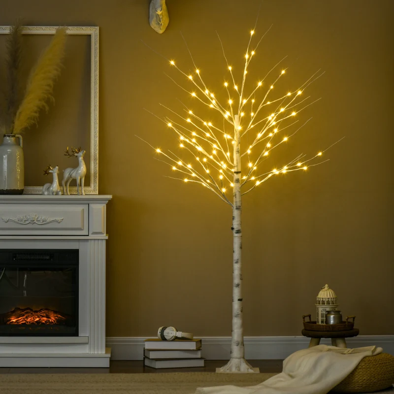 HOMCOM - Arbre de bouleau artificiel lumineux 6 pi avec 96 LED blanc chaud - blanc