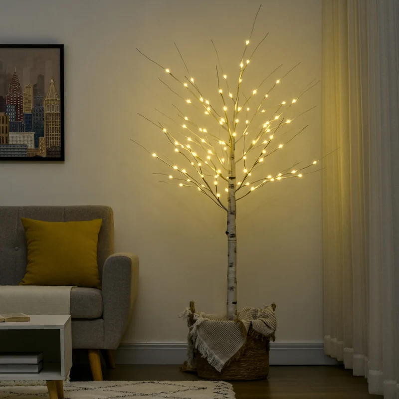 HOMCOM - Arbre de bouleau artificiel lumineux 6 pi avec 96 LED blanc chaud - blanc